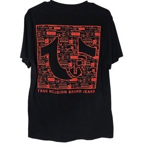 True Religion Mens Graphic T-Shirt Black Orange Horseshoe Logo Size Medium